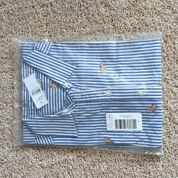 LOFT Dog Stripe Everyday Shirt Womens Sz S Cotton Preppy Embroidered NWT - Picture 4 of 6